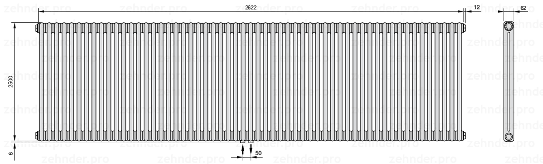 Схема (чертеж) Радиатор Zehnder Charleston 2250/57 №3470 Белый глянцевый RAL 9016